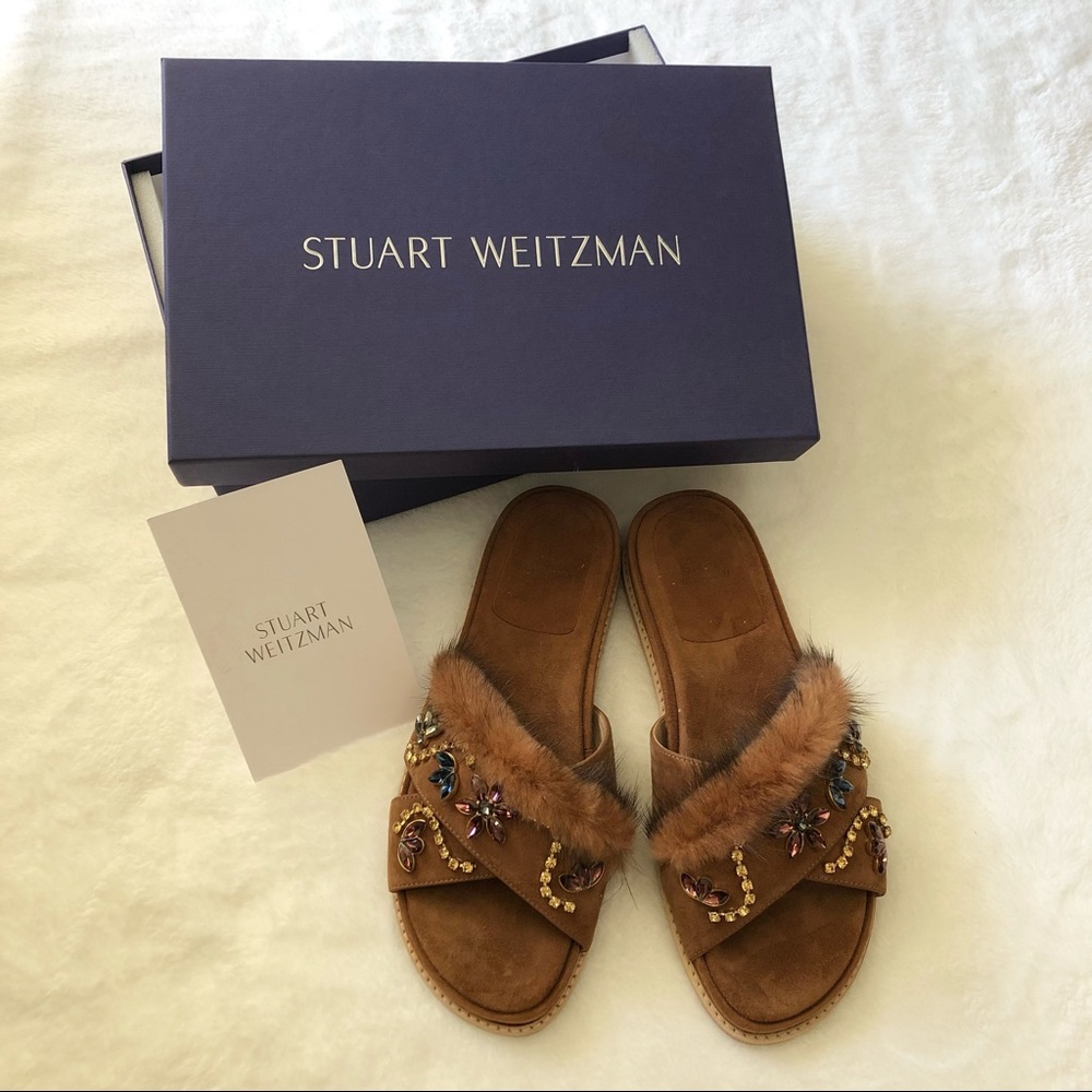 Stuart Weitzman Brown Nomedeplume Suede Mink Fur Jeweled Sandal